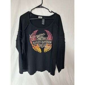 Harley-Davidson Womens 3W Black Graphic Long Sleeve Top Lace Shoulder Rhinestone
